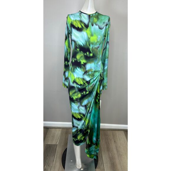 Silvia Tcherassi Ananya Abstract Long Sleeve Draped Midi Dress Green Small $990 - Picture 4 of 12